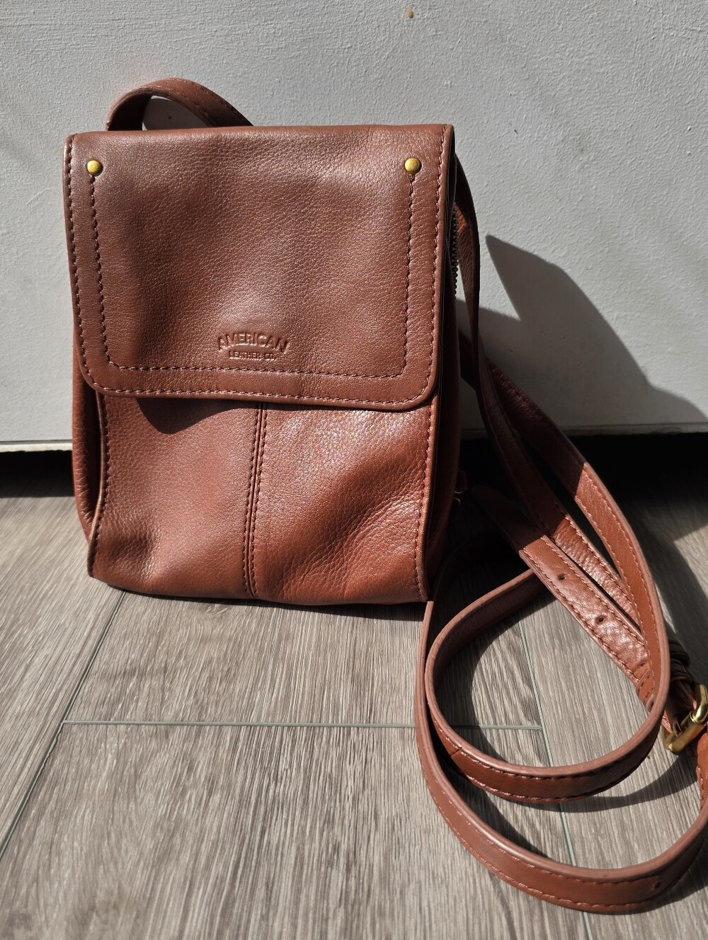 American Leather Co Kansas Crossbody Brandy Brown Pebbled Leather Flap Mini Bag